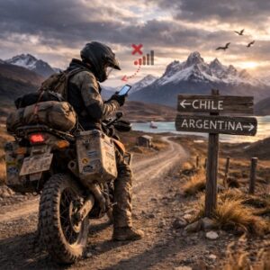 Motorcyclist checking phone with no signal near Paso Roballos Chile Argentina border