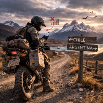Motorcyclist checking phone with no signal near Paso Roballos Chile Argentina border